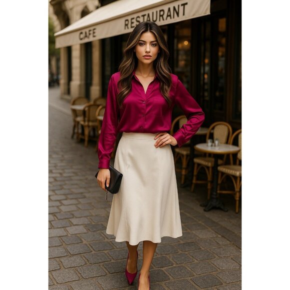 Vintage All Silk Blouse by Jonathan Logan 14 Magenta Long Sleeve 80s Retro Chic - Picture 1 of 9